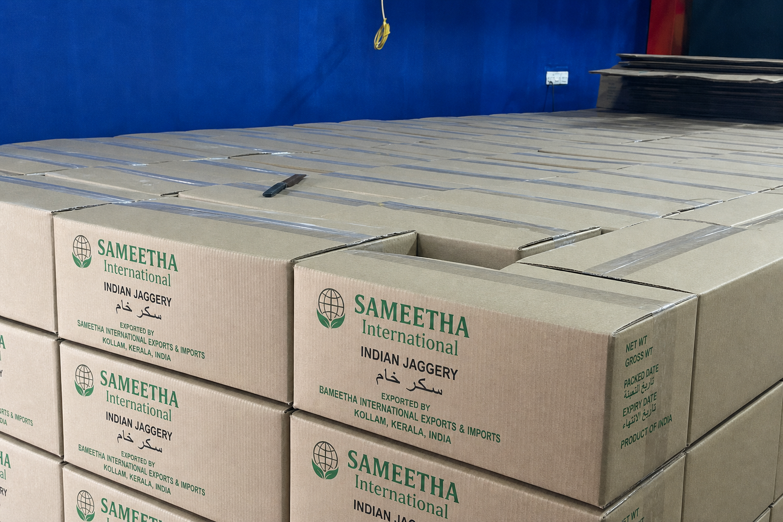 Indian jaggery export cartons packed by Sameetha International